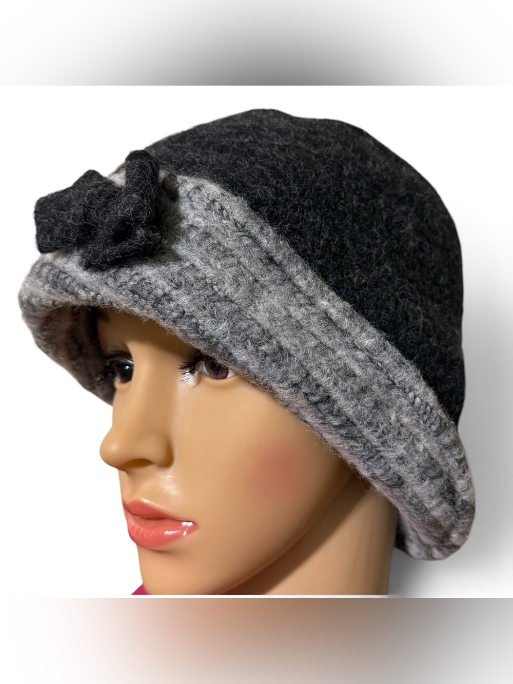 LAFENICE Florence Italy Wool Blend Scrunchy Cloche Hat Dark and Light Gray